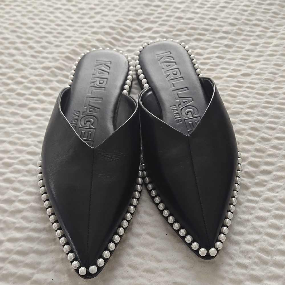 Karl Lagerfeld Black Mules with Pearlescent Sole